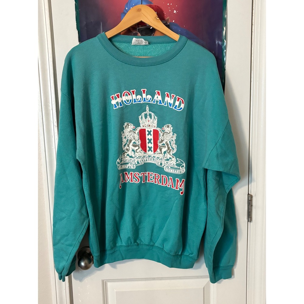 Vintage Holland Amsterdam Souvenir Sweatshirt Teal Green Graphic Crewneck XL